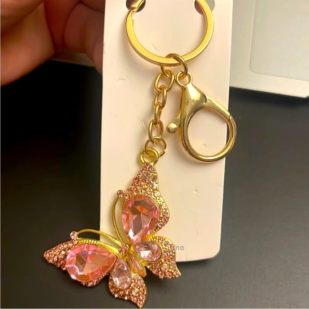 Pink Butterfly Keychain with Gold Accents